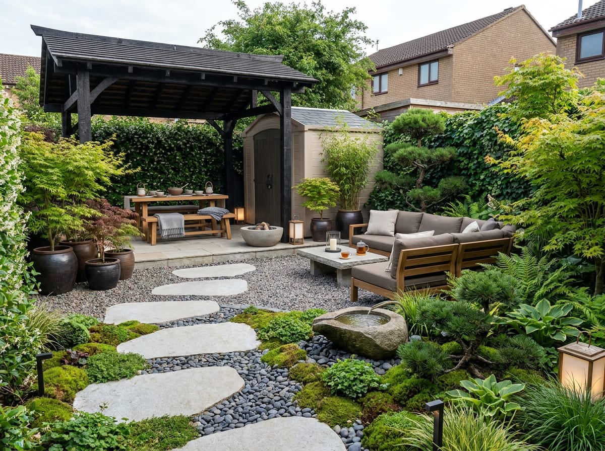 An AI image of the same garden reimagined as a Japanese-style space with a pergola, stepping stones and moss — the raised lawn, retaining wall and patio all gone