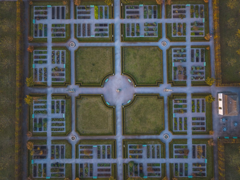 An aerial view of a formal garden, its beds and hedges laid out in clean geometry